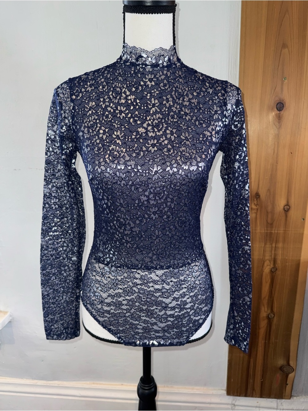 Victoria's Secret Navy Floral Lace Mock Neck Lingerie Bodysuit